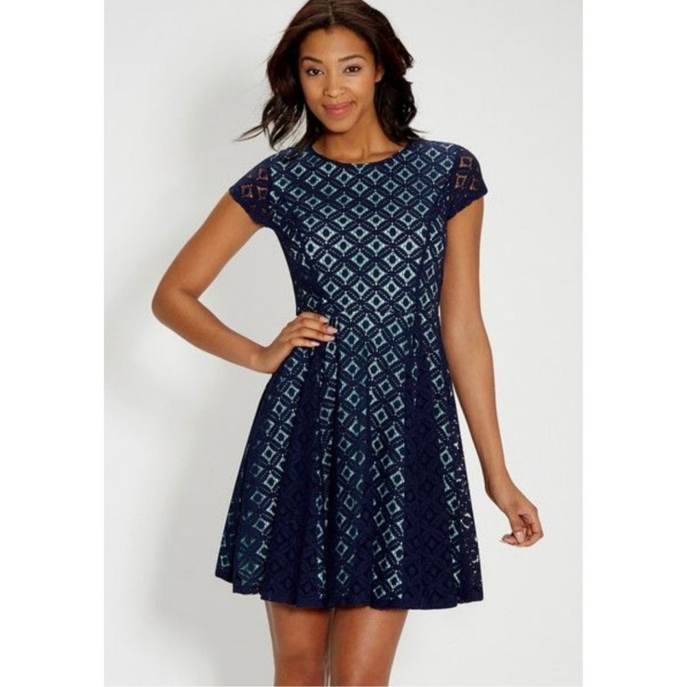 Maurices Navy Teal Lace Short Dress Cap Sleeve Exposed Back Zipper  Womens 3/4